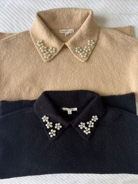 Copper Key Pearl-Collar Sweaters — Beige and Black